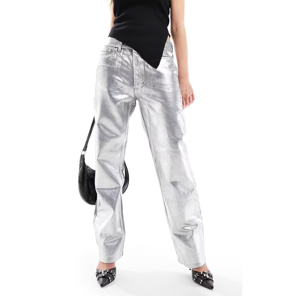 MNG Womens 12 Silver Foil Wide Leg Denim Jeans Luxe Eveningwear NWT Trendy